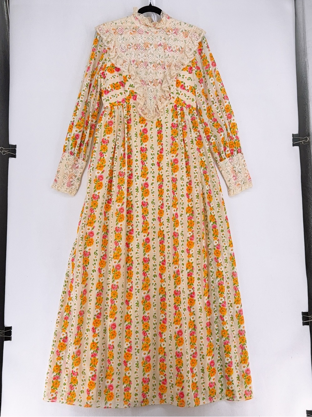 Vtg 70s ILGWU Union Made Prairie Maxi Dress Lace Calico Floral Yellow Boho sz M
